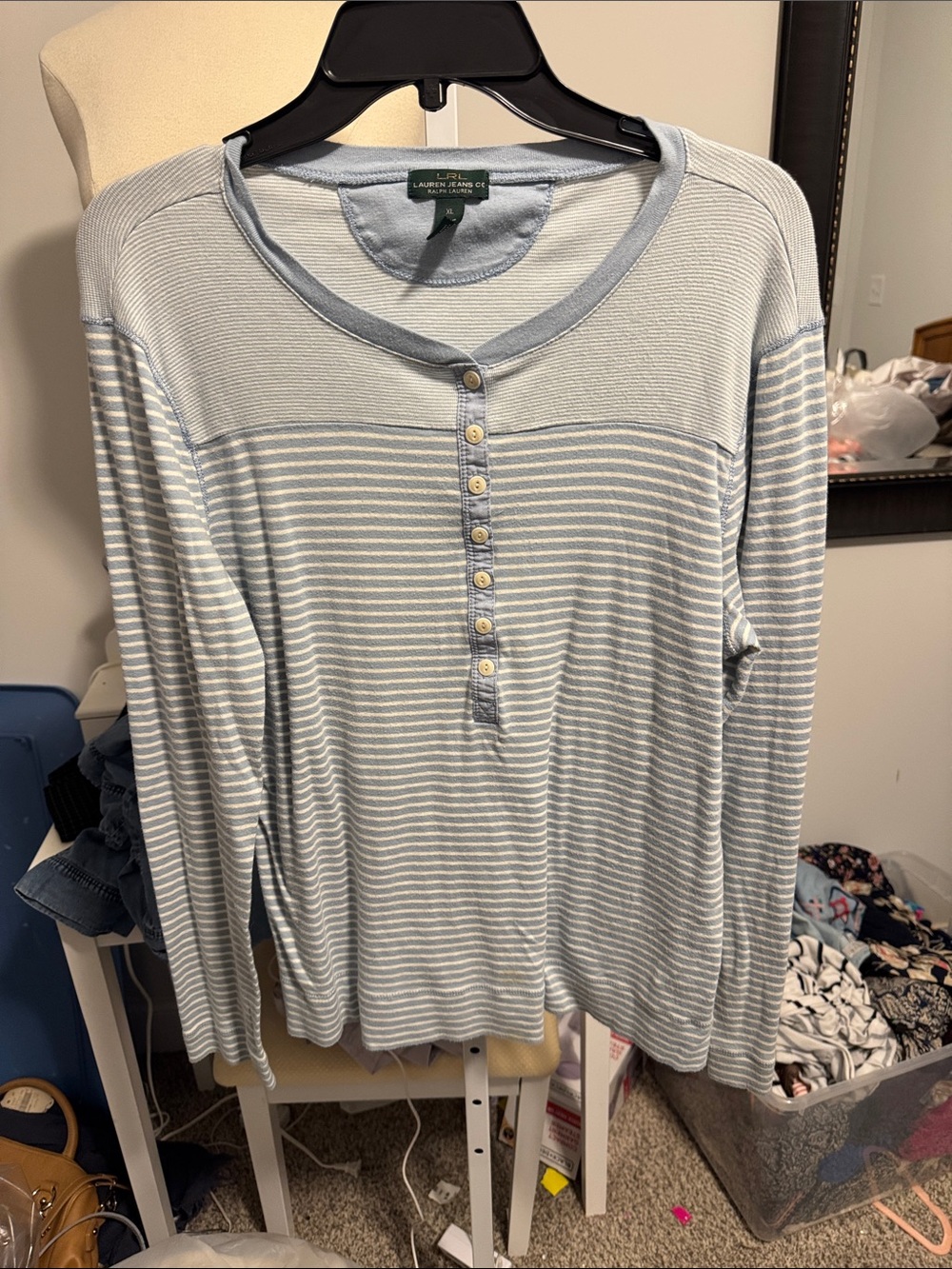 Lauren Ralph Lauren Light Blue and White Striped Long-Sleeve Henley